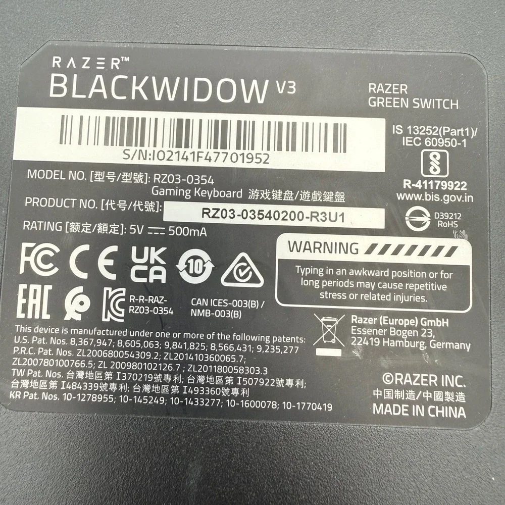 Razer BlackWidow V3 Mechanical Gaming Keyboard Green Switches RZ03-0354 Black